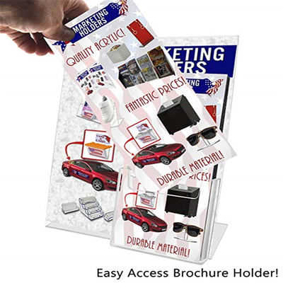 De acrylcountertop van het Hellings Achtertussenvoegsel Tekenhouder 8,5 x 11 Duim met Brochure in eigen zak steekt