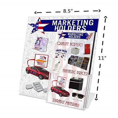 De acrylcountertop van het Hellings Achtertussenvoegsel Tekenhouder 8,5 x 11 Duim met Brochure in eigen zak steekt